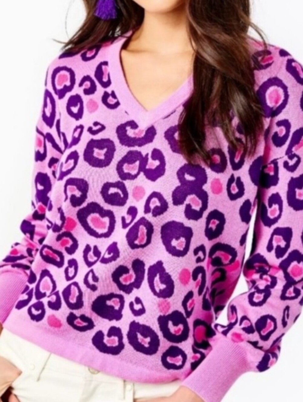 Lilly Pulitzer Jasmina Lavender Cosmos Don't Be a Cheetah Vneck Sweater sz Large